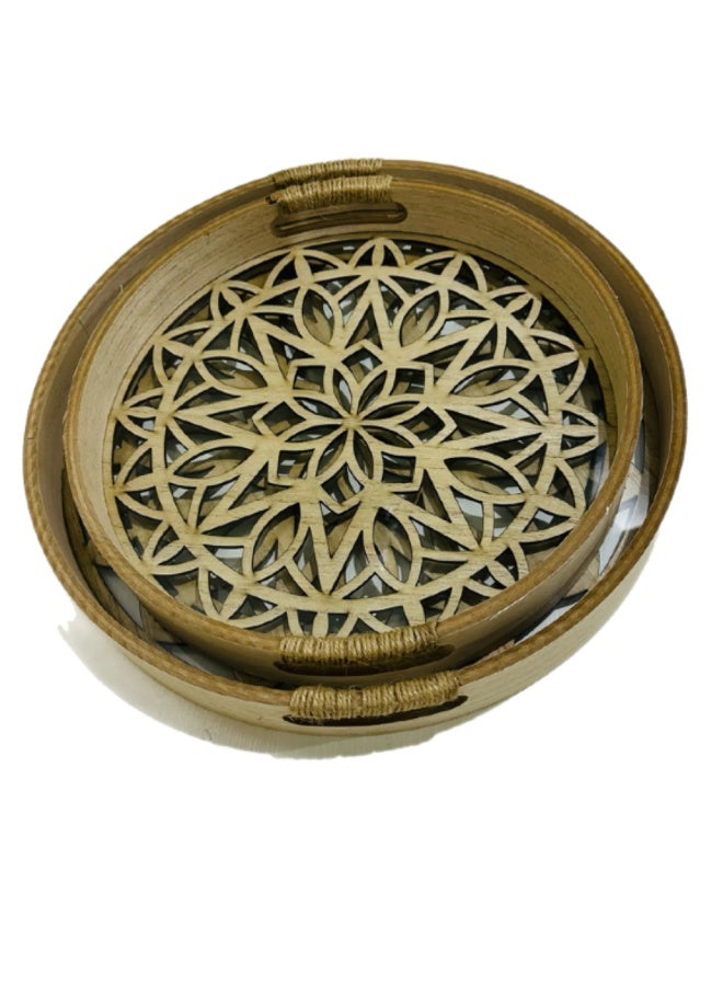 طقم صواني تقديم دائري خشبية قطعتين بارضية زجاجية فاخرة - Image 3