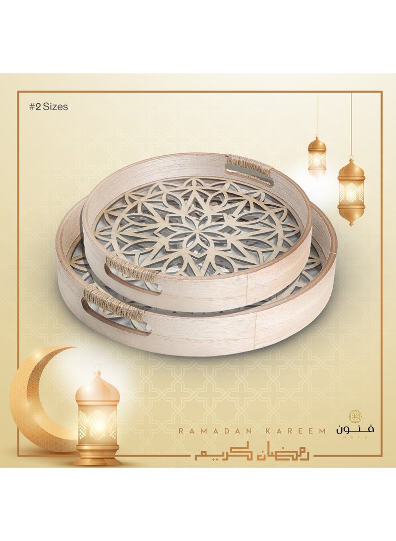 طقم صواني تقديم دائري خشبية قطعتين بارضية زجاجية فاخرة - Image 1