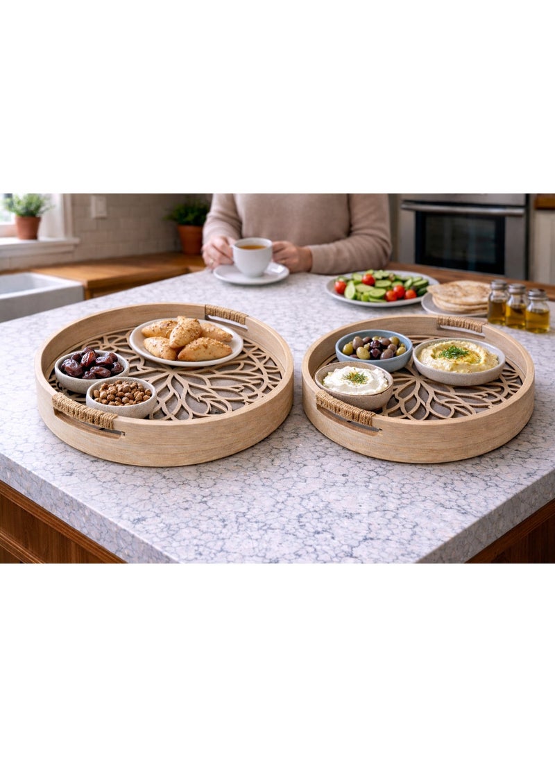 طقم صواني تقديم دائري خشبية قطعتين بارضية زجاجية فاخرة - Image 2