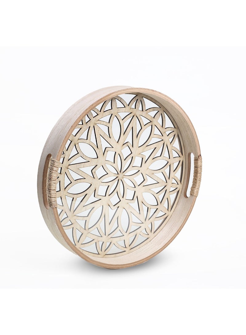 طقم صواني تقديم دائري خشبية قطعتين بارضية زجاجية فاخرة - Image 5