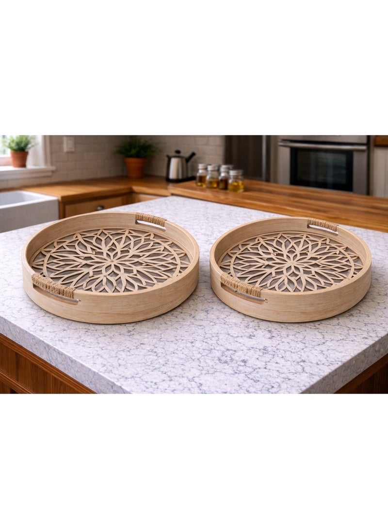 طقم صواني تقديم دائري خشبية قطعتين بارضية زجاجية فاخرة - Image 3