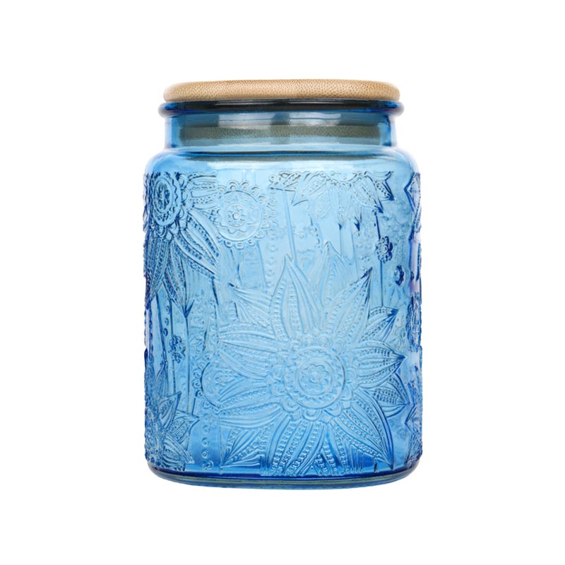 Custde Blue Vintage Glass Candy Jar with Airtight Bamboo Lid, 23.7oz Kitchen Storage Canister for Sugar, Coffee, Tea, Cookies, Bath Salt - Decorative Mason Jar for Pantry & Counter(Blue, 23.7 fl oz) - Image 1