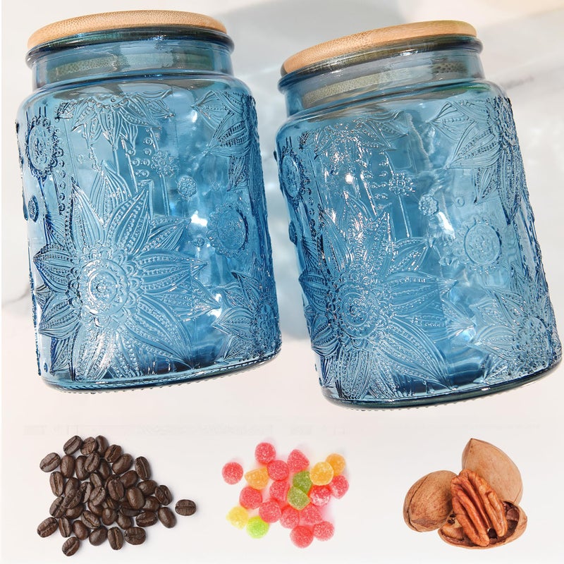 Custde Blue Vintage Glass Candy Jar with Airtight Bamboo Lid, 23.7oz Kitchen Storage Canister for Sugar, Coffee, Tea, Cookies, Bath Salt - Decorative Mason Jar for Pantry & Counter(Blue, 23.7 fl oz) - Image 3