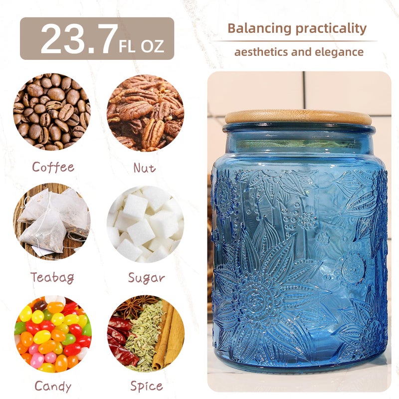 Custde Blue Vintage Glass Candy Jar with Airtight Bamboo Lid, 23.7oz Kitchen Storage Canister for Sugar, Coffee, Tea, Cookies, Bath Salt - Decorative Mason Jar for Pantry & Counter(Blue, 23.7 fl oz) - Image 4