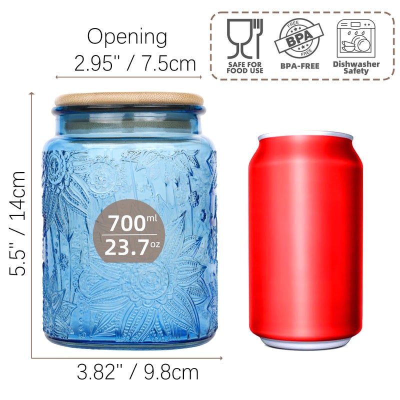 Custde Blue Vintage Glass Candy Jar with Airtight Bamboo Lid, 23.7oz Kitchen Storage Canister for Sugar, Coffee, Tea, Cookies, Bath Salt - Decorative Mason Jar for Pantry & Counter(Blue, 23.7 fl oz) - Image 2