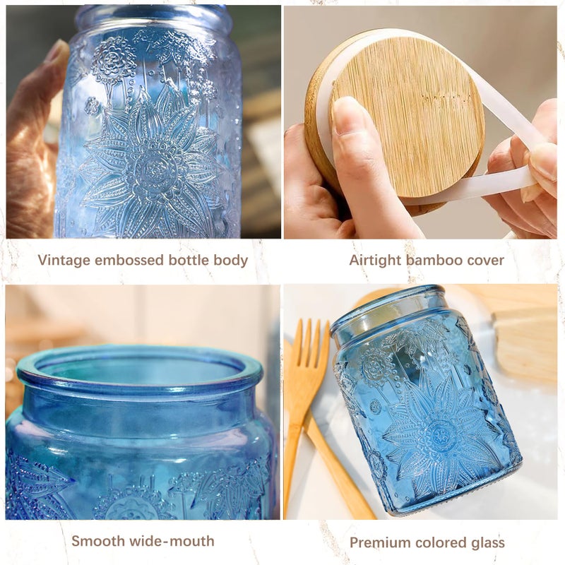Custde Blue Vintage Glass Candy Jar with Airtight Bamboo Lid, 23.7oz Kitchen Storage Canister for Sugar, Coffee, Tea, Cookies, Bath Salt - Decorative Mason Jar for Pantry & Counter(Blue, 23.7 fl oz) - Image 5