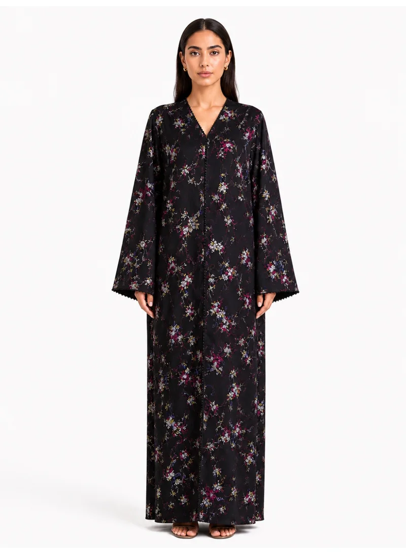 Reem Abayas Floral Print Lace Detail Abaya with Matching Sheila
