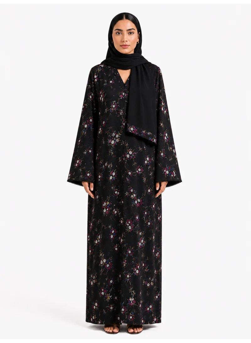 Reem Abayas Floral Print Lace Detail Abaya with Matching Sheila