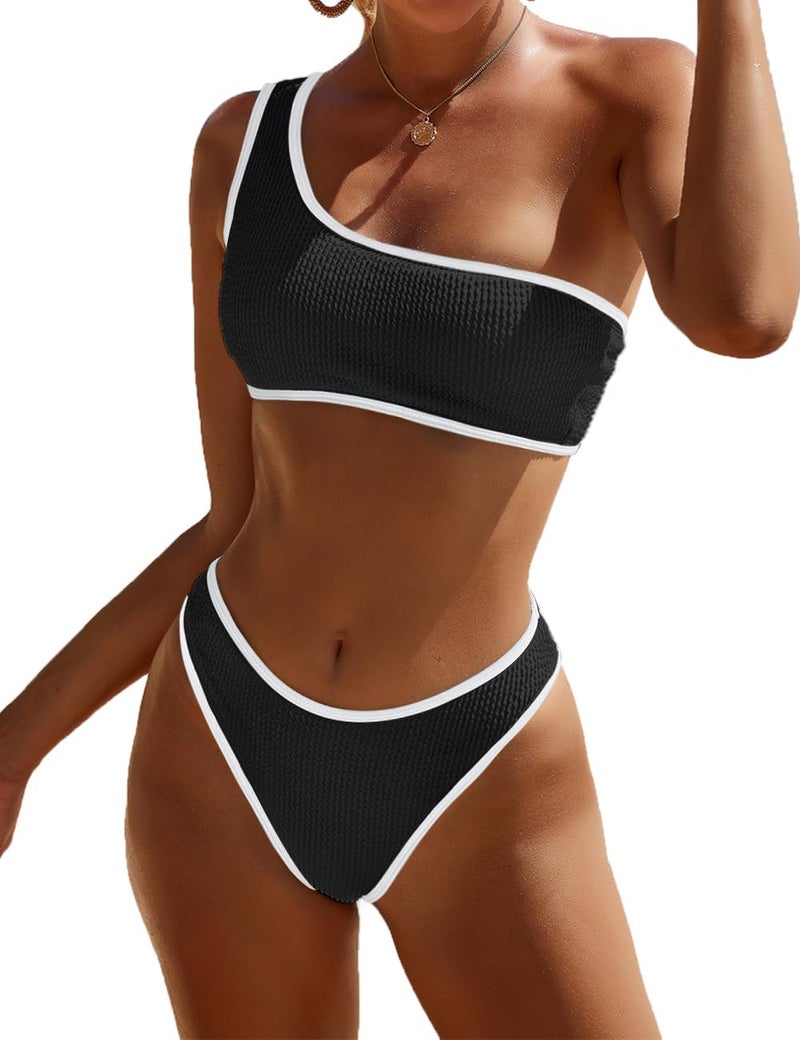 YIMISAN Womens Bikini Sets One Shoulder Top with Low Waisted Tankini Two Piece Bathing Suit - Image 1