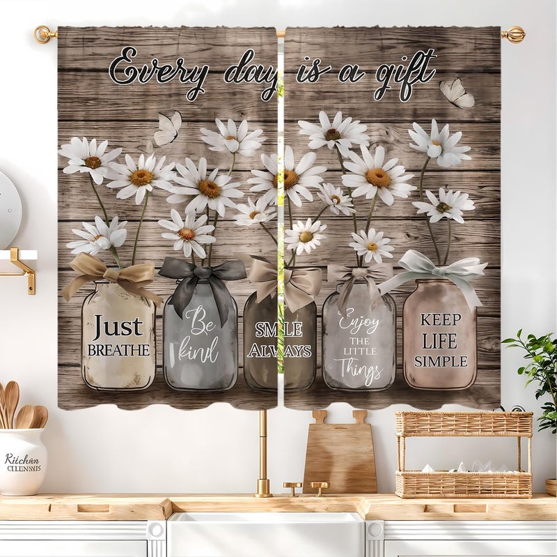 Famiffty Farmhouse Brown Floral Kitchen Curtains 27.5W X 39L Inch 2 Panel Vintage Rustic Daisy Flower Country Inspirational Quotes Small Short Cafe Tier Window Drapes Over Sink Wooden Bathroom Decor - Image 2