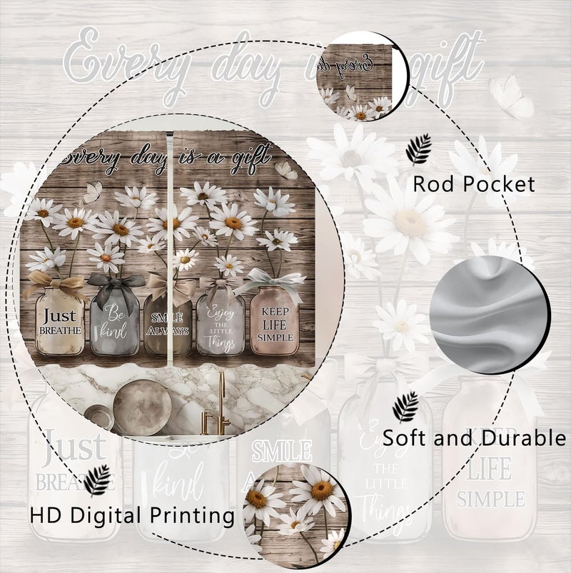 Famiffty Farmhouse Brown Floral Kitchen Curtains 27.5W X 39L Inch 2 Panel Vintage Rustic Daisy Flower Country Inspirational Quotes Small Short Cafe Tier Window Drapes Over Sink Wooden Bathroom Decor - Image 5