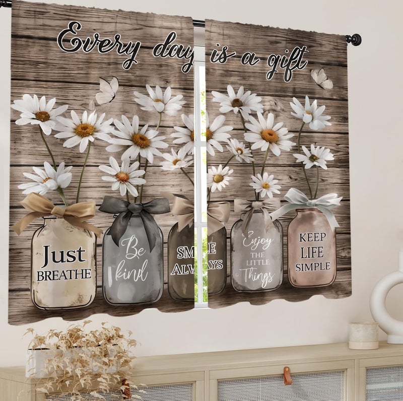 Famiffty Farmhouse Brown Floral Kitchen Curtains 27.5W X 39L Inch 2 Panel Vintage Rustic Daisy Flower Country Inspirational Quotes Small Short Cafe Tier Window Drapes Over Sink Wooden Bathroom Decor - Image 3