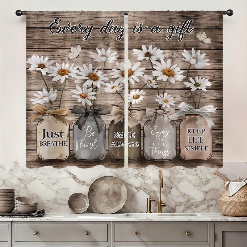 Famiffty Farmhouse Brown Floral Kitchen Curtains 27.5W X 39L Inch 2 Panel Vintage Rustic Daisy Flower Country Inspirational Quotes Small Short Cafe Tier Window Drapes Over Sink Wooden Bathroom Decor - Image 1