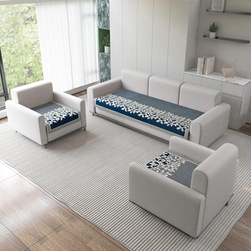 Nendle Refined Velvet Floral Sofa Mat 5 Seater Set Cover Elegant and Durable Protector for Living Room Sofa Set 3+1+1, Suitable for Wooden, Leather, Other Fabric Sofa Set (Color Blue, Pack of 3) - Image 1