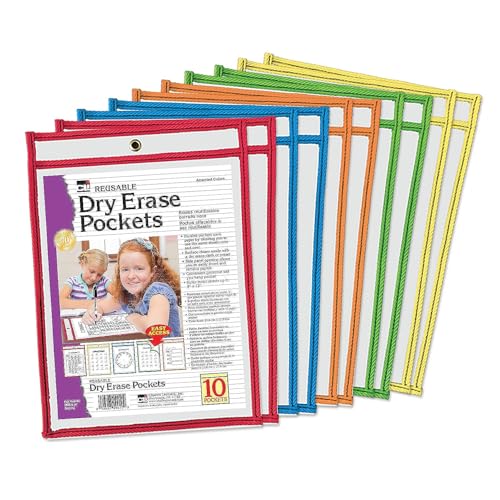 Charles Leonard - Reusable Clear Dry Erase Pockets, Holds Worksheets Up To 9 x 12 Inches, Assorted Colored Piping, 10-Pack of Pockets (29010) - Image 1