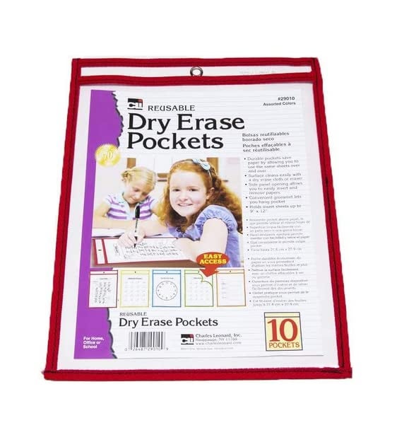 Charles Leonard - Reusable Clear Dry Erase Pockets, Holds Worksheets Up To 9 x 12 Inches, Assorted Colored Piping, 10-Pack of Pockets (29010) - Image 4