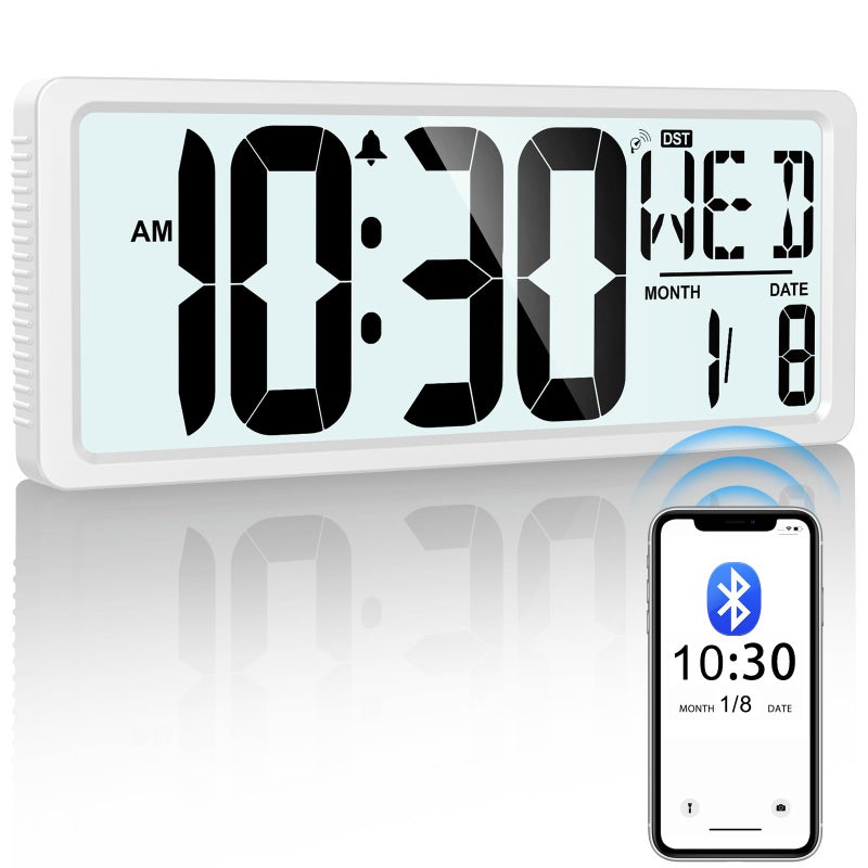 Xflyee Bluetooth Time Sync Digital Wall Clock Battery Operated with Backlight Auto DST Large Digital Wall Clock with Day Date Temperature 15 Large Digital Clock for Home Bedroom Office