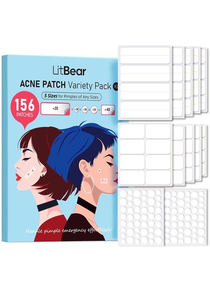 LitBear LitBear Large Pimple Patches 5 Sizes 156 Patches Big Acne Patch 60 XL Hydrocolloid Patch for Full Face Forehead Chin Nose Body Back Neck  Chest Stirp Square Large Hydrocolloid Bandages 