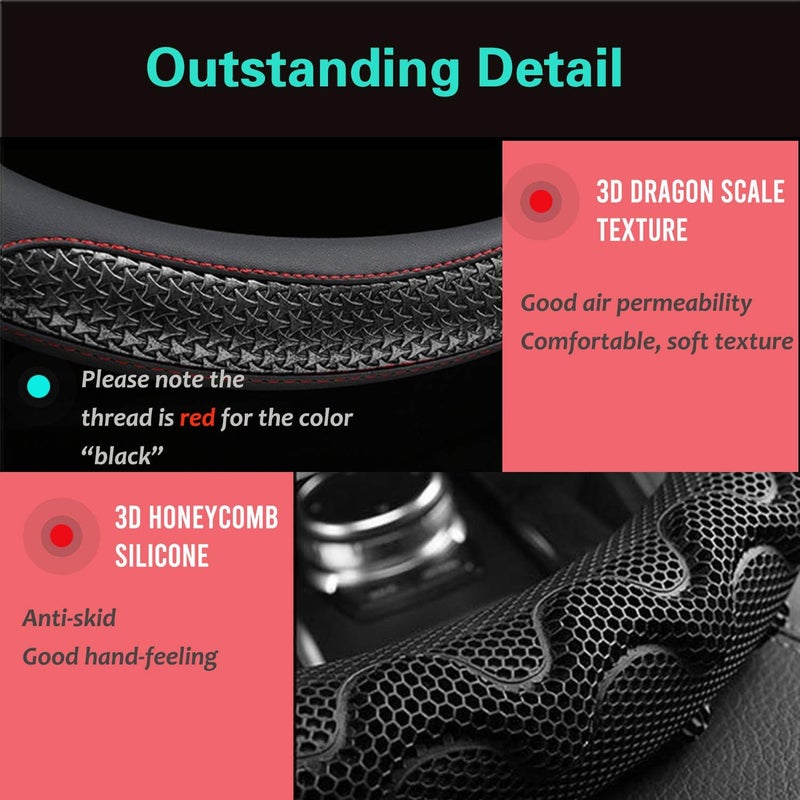 PINCTROT Large Size Steering Wheel Cover Great Grip with 3D Honeycomb Anti-Slip Design, 15.5-15.75 Inch (Black/Red Stitch) - Image 3