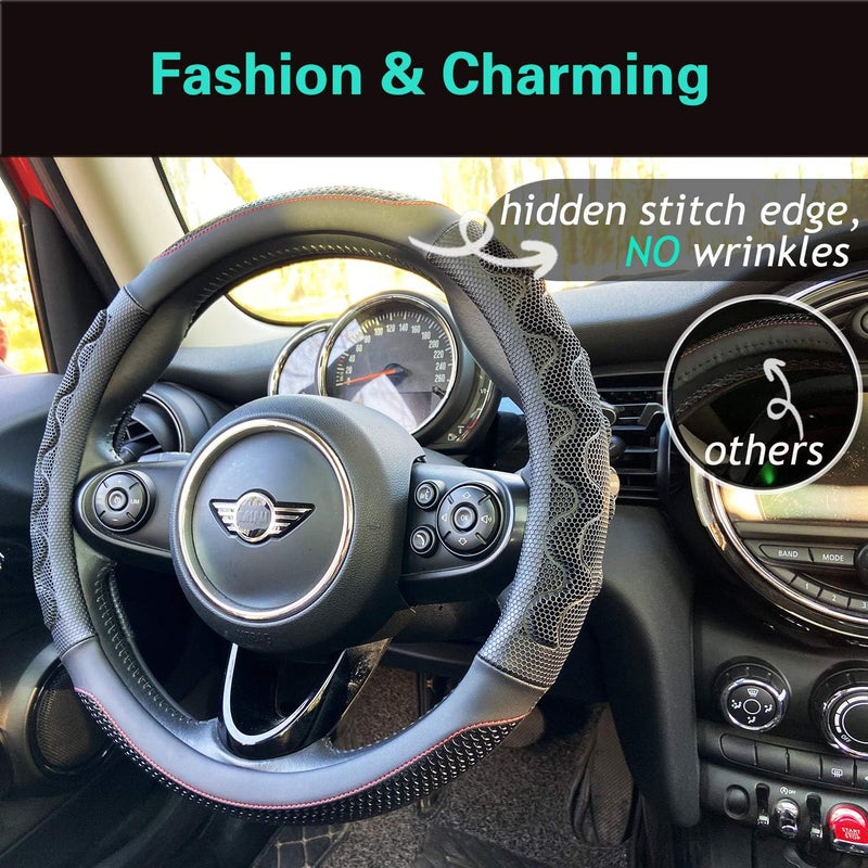 PINCTROT Large Size Steering Wheel Cover Great Grip with 3D Honeycomb Anti-Slip Design, 15.5-15.75 Inch (Black/Red Stitch) - Image 2