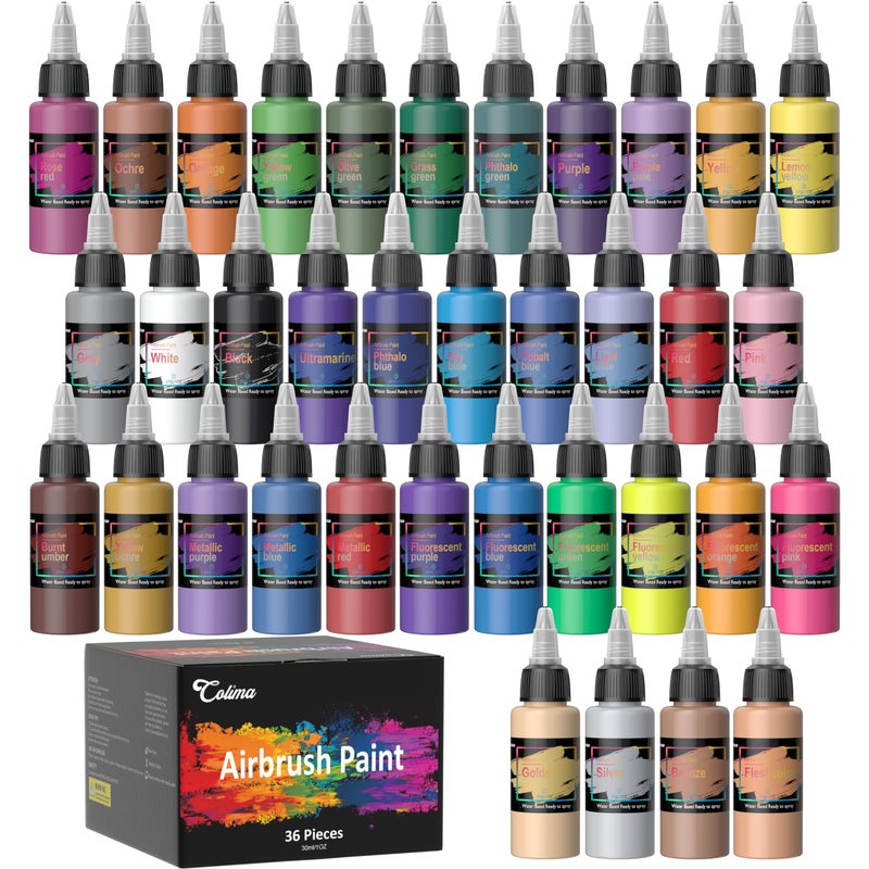 Colima Airbrush Paint â€“ 36 Colors, Opaque & Brilliant | Ready-to-Spray Water-Based Acrylic Paint Set for Metal, Plastic Models, Canvas & Wood â€“ Perfect for Artists Beginners & Hobbyists-30ml/OZ - Image 1