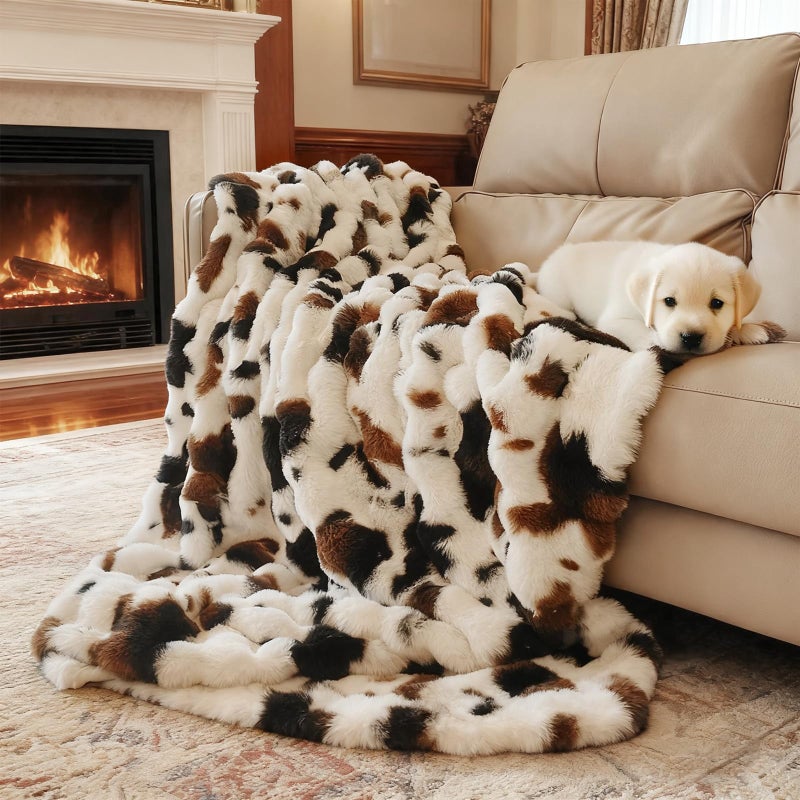 Fruaros Cow Print Faux Fur Throw Blanket for Couch â€“ 1000GSM Soft & Fluffy Cow Blanket for Bed, Sofa & Living Room, Warm Cozy Cow Gift for Women, 50x60 Inches Black to White Ombre with Brown Undertones - Image 1