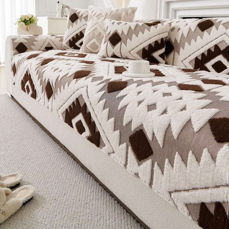 XSlive Boho Plush Couch Covers for Sofa Washable, Fuzzy Soft Couch Cover for Sectional Sofa, Non Slip Jacquard Sofa Cover Furniture Protector for Kids, Pets (Dark Coffee,28"x28") - Image 1