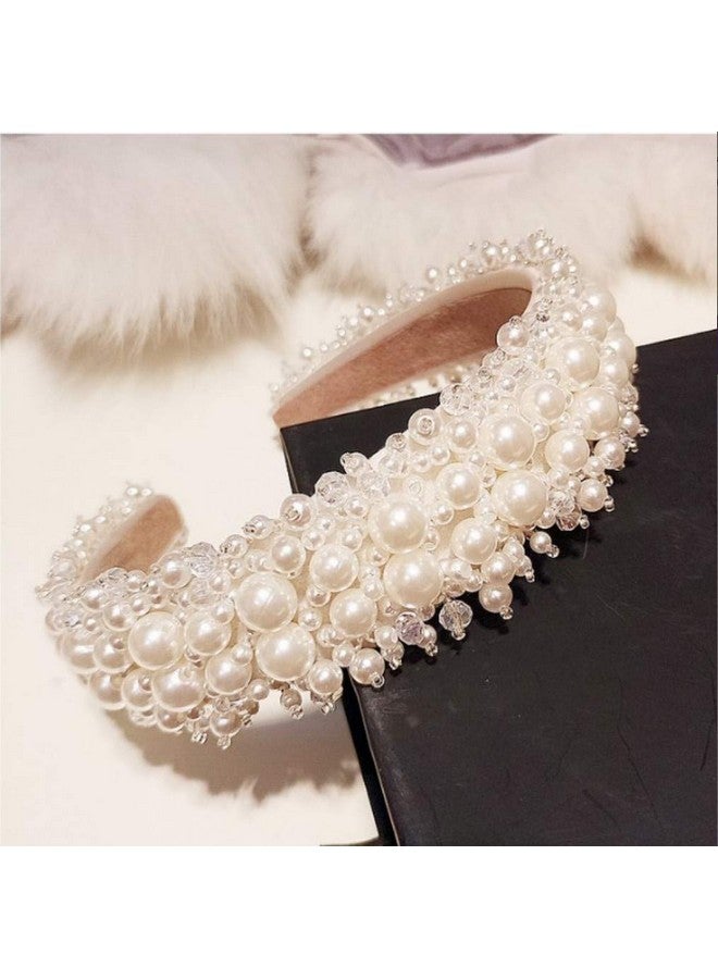 MHDGG Faux Pearl Headbands For Women White Bling Rhinestones Hairbands Bridal Hair Hoop Wedding Accessories For Girls  - Image 4