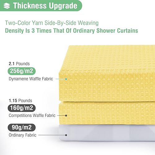 Dynamene Yellow Fabric Shower Curtain - Waffle Weave Textured Heavy Duty Cloth Shower Curtains for Bathroom, 256GSM Hotel Luxury Weighted Bath Curtain Set with 12 Hooks,72x72, Yellow - Image 2