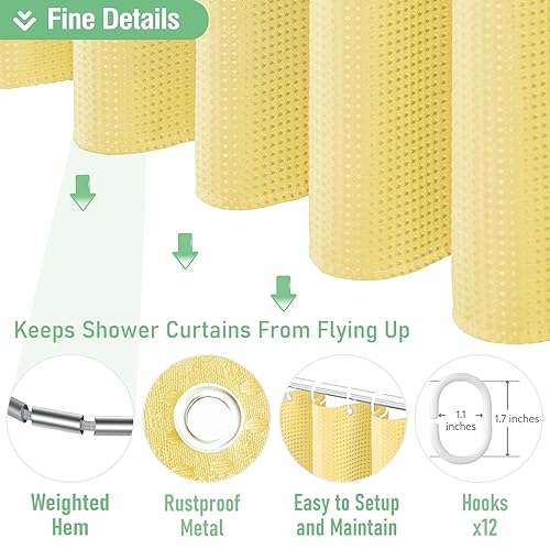 Dynamene Yellow Fabric Shower Curtain - Waffle Weave Textured Heavy Duty Cloth Shower Curtains for Bathroom, 256GSM Hotel Luxury Weighted Bath Curtain Set with 12 Hooks,72x72, Yellow - Image 5