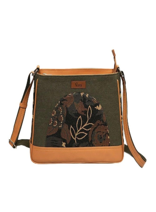 VARA Women’s Crossbody Sling Bag Denim | Faux Leather Shoulder Handbag | Boho Geometric Print | Stylish Casual Purse For Zipper Bag Office, Travel & Daily Use (Beige, Medium) - Image 1