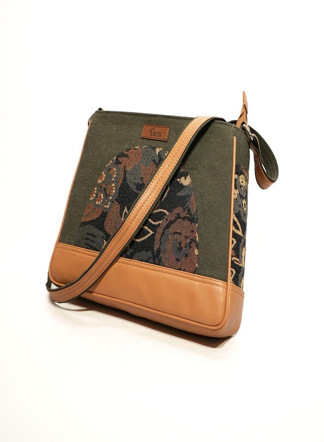VARA Women’s Crossbody Sling Bag Denim | Faux Leather Shoulder Handbag | Boho Geometric Print | Stylish Casual Purse For Zipper Bag Office, Travel & Daily Use (Beige, Medium) - Image 4