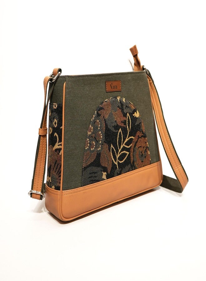 VARA Women’s Crossbody Sling Bag Denim | Faux Leather Shoulder Handbag | Boho Geometric Print | Stylish Casual Purse For Zipper Bag Office, Travel & Daily Use (Beige, Medium) - Image 2