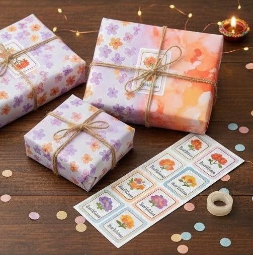 Pulgos Multicolour Paper Gift Wrapping Roll Set (21 Items) | 10 Premium Wrapping Rolls with 10 Best Wishes Stickers & 1 Cello Tape | Perfect for Gifting, Hampers, Birthday Parties & All Celebrations - Image 5