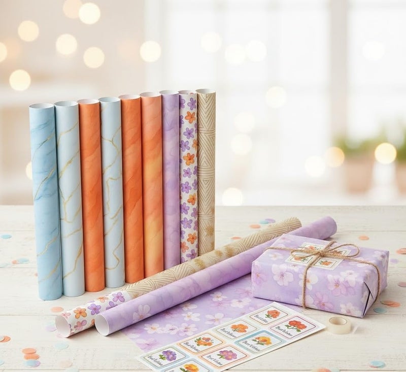 Pulgos Multicolour Paper Gift Wrapping Roll Set (21 Items) | 10 Premium Wrapping Rolls with 10 Best Wishes Stickers & 1 Cello Tape | Perfect for Gifting, Hampers, Birthday Parties & All Celebrations - Image 2