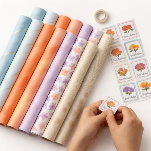 Pulgos Multicolour Paper Gift Wrapping Roll Set (21 Items) | 10 Premium Wrapping Rolls with 10 Best Wishes Stickers & 1 Cello Tape | Perfect for Gifting, Hampers, Birthday Parties & All Celebrations - Image 1