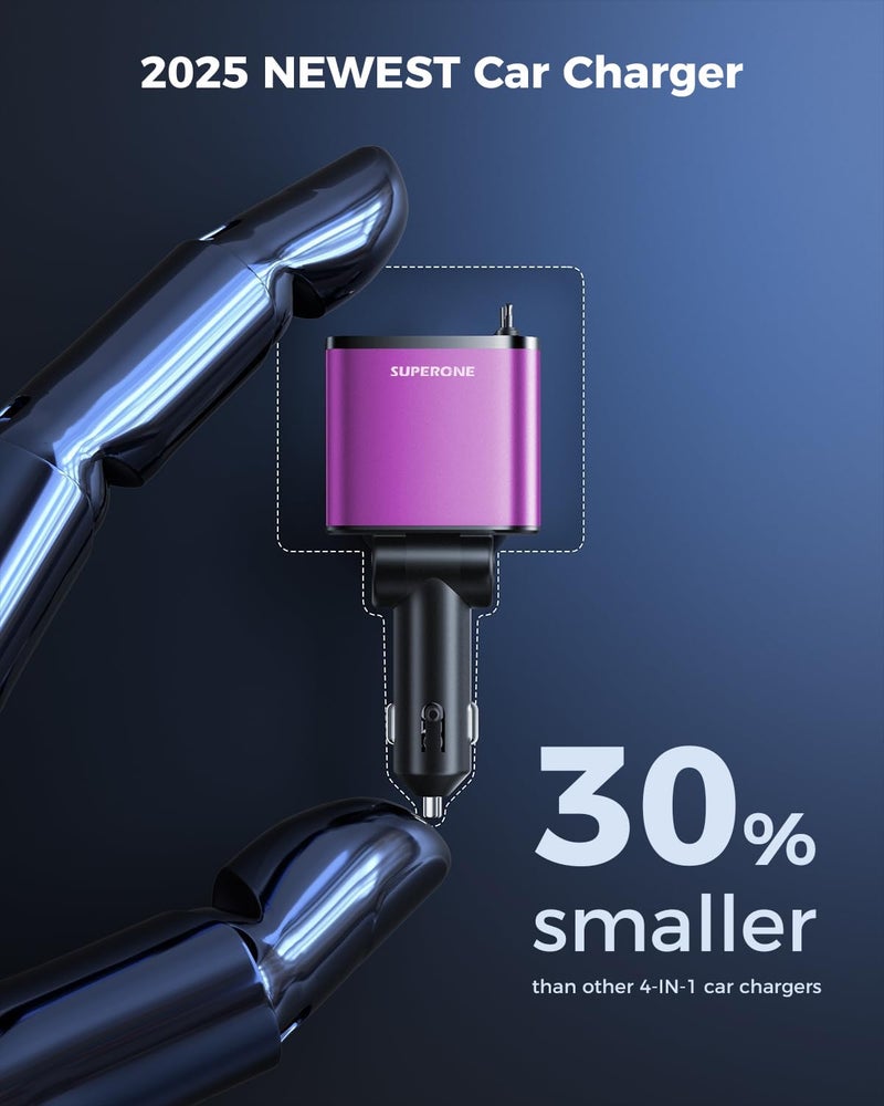 SUPERONE [2024 Upgraded] 4 in 1 Retractable Car Charger, SUPERONE Smaller Fast Car Phone Charger 69W with Cord, USB C and iPhone Car Charger Adapter, Compatible iPhone 17/17 Pro Max/16/15/14/13/12/11, Sumsung - Image 4