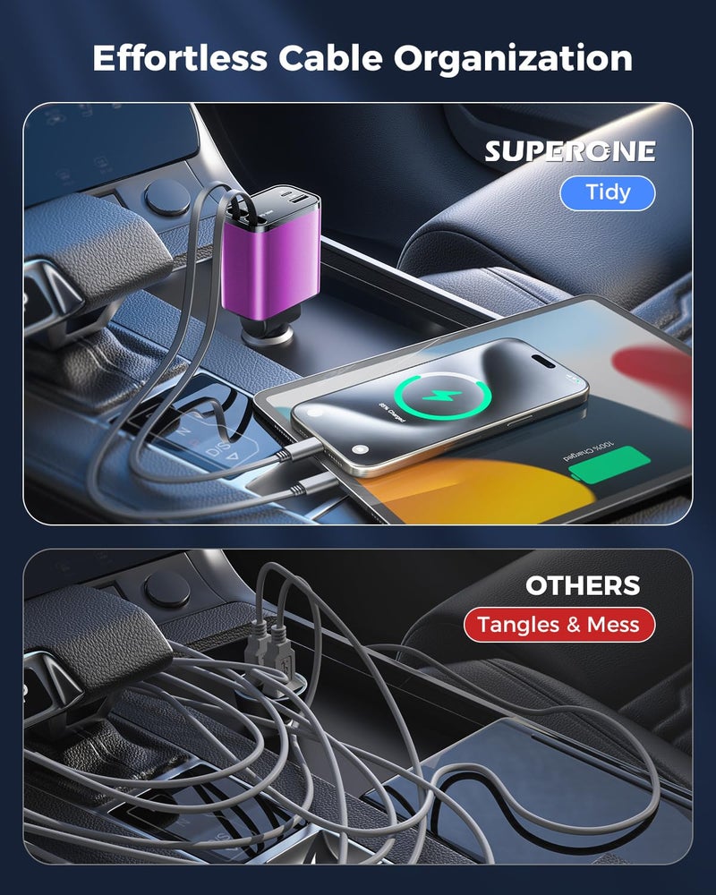 SUPERONE [2024 Upgraded] 4 in 1 Retractable Car Charger, SUPERONE Smaller Fast Car Phone Charger 69W with Cord, USB C and iPhone Car Charger Adapter, Compatible iPhone 17/17 Pro Max/16/15/14/13/12/11, Sumsung - Image 2