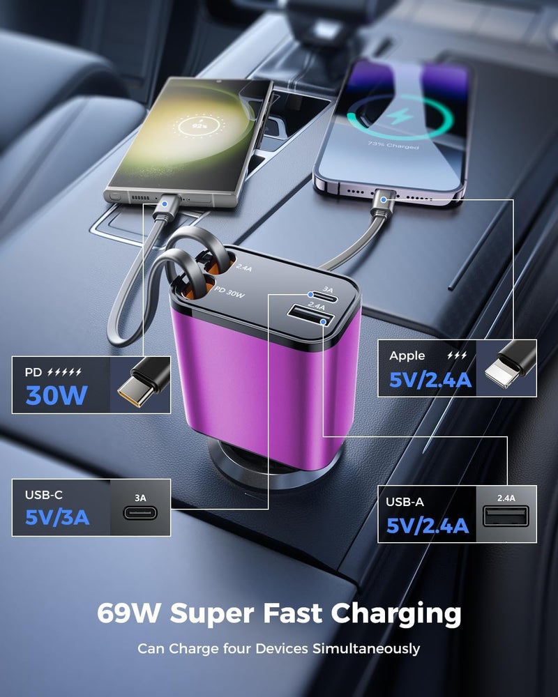 SUPERONE [2024 Upgraded] 4 in 1 Retractable Car Charger, SUPERONE Smaller Fast Car Phone Charger 69W with Cord, USB C and iPhone Car Charger Adapter, Compatible iPhone 17/17 Pro Max/16/15/14/13/12/11, Sumsung - Image 5