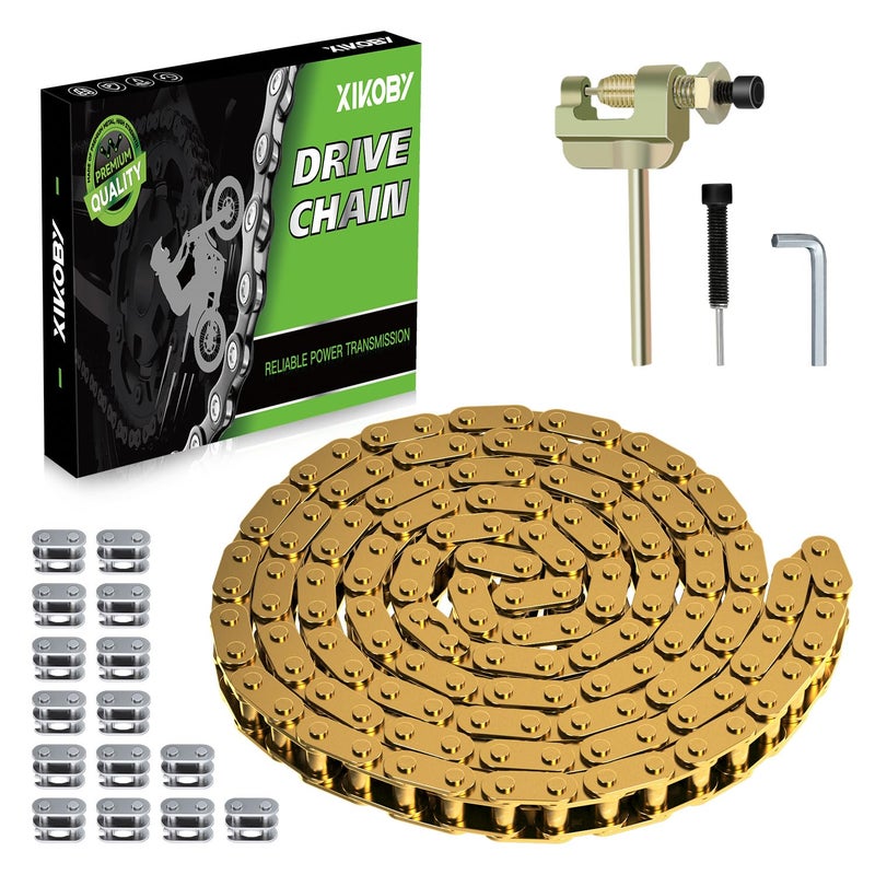 XIKOBY T8F Drive Chain 134 Link Chain Breaker Compatible with 2 Stroke Engine SYX Moto 50cc Dirt Bike Mototec SSR X-pro Coolster 47cc 49cc Pocket Rocket Pit Bike Mini ATV Quad Go Kart Parts (Gold) - Image 1