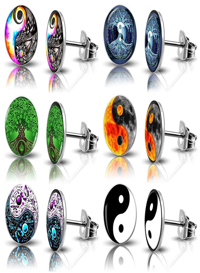 SIISPRI 6Pairs YinYang Mens Earrings Set Hypoallergenic Surgical Stainless Steel Round Circle Button Stud Post Earrings 10MM, Stainless Steel, No Gemstone - Image 1