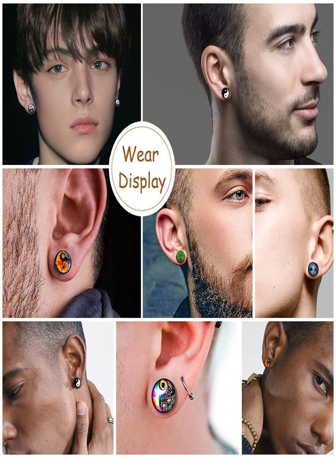 SIISPRI 6Pairs YinYang Mens Earrings Set Hypoallergenic Surgical Stainless Steel Round Circle Button Stud Post Earrings 10MM, Stainless Steel, No Gemstone - Image 5