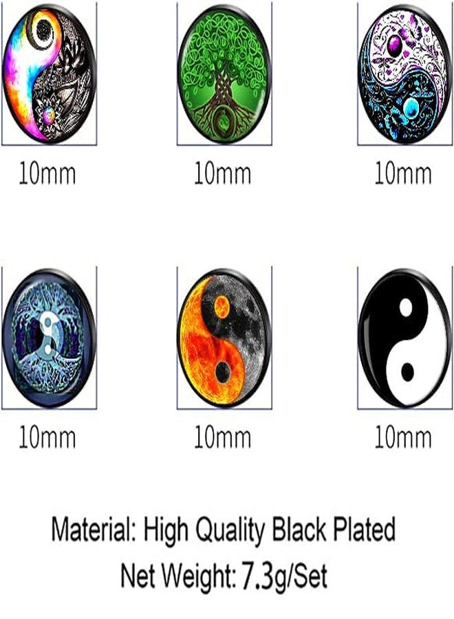 SIISPRI 6Pairs YinYang Mens Earrings Set Hypoallergenic Surgical Stainless Steel Round Circle Button Stud Post Earrings 10MM, Stainless Steel, No Gemstone - Image 3