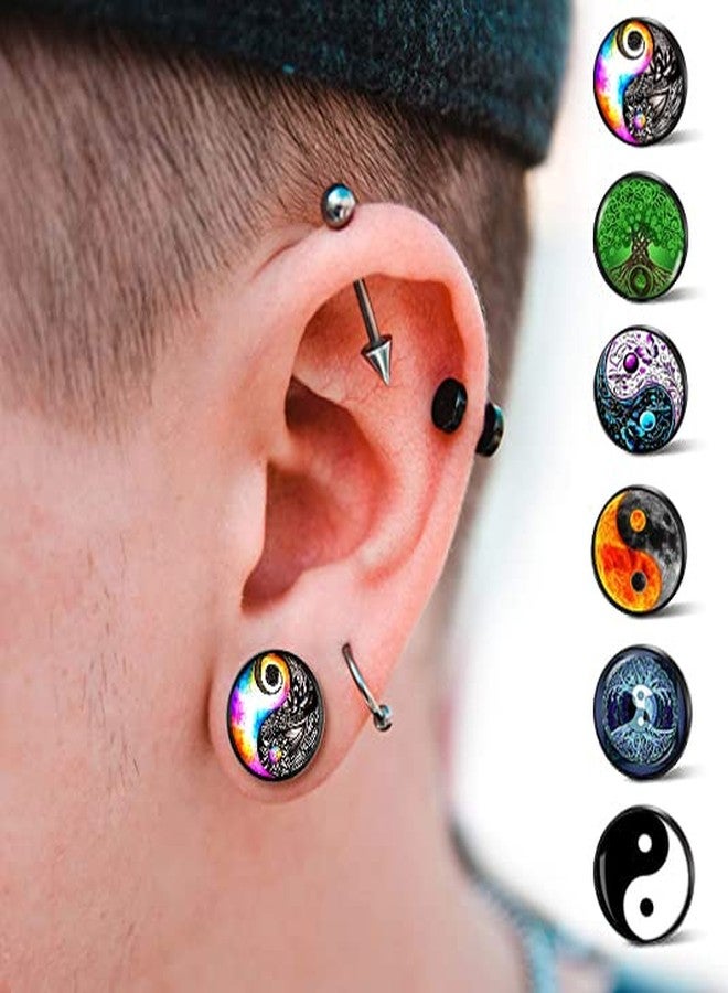 SIISPRI 6Pairs YinYang Mens Earrings Set Hypoallergenic Surgical Stainless Steel Round Circle Button Stud Post Earrings 10MM, Stainless Steel, No Gemstone - Image 2
