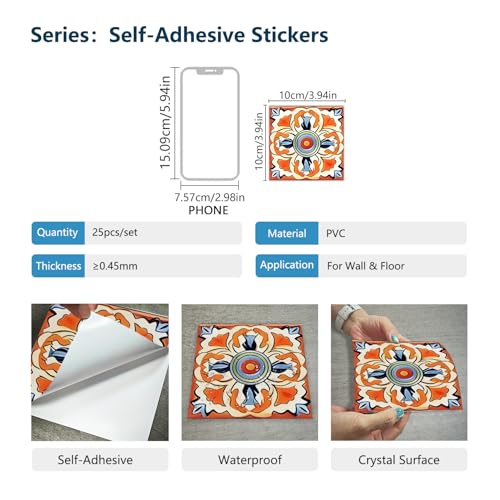 Jacklove 25 PCS Moroccan Style Tile Sticker, 4x4 Inch(10x10cm) Traditional DIY Murals, Tile Waterproof Oil Proof Removable Decals for Bathroom & Kitchen Backsplash (TS-212) - Image 2