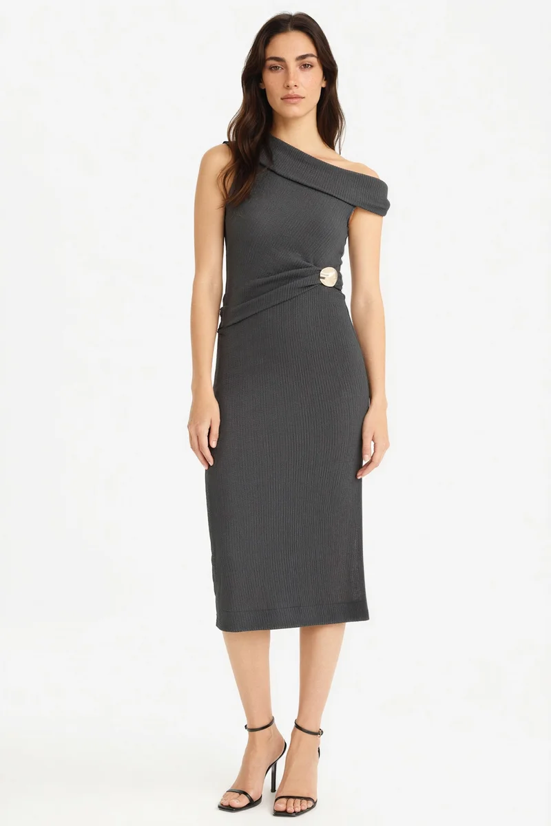 ديفاكتو Regular Fit Crepe One Shoulder Midi Dress