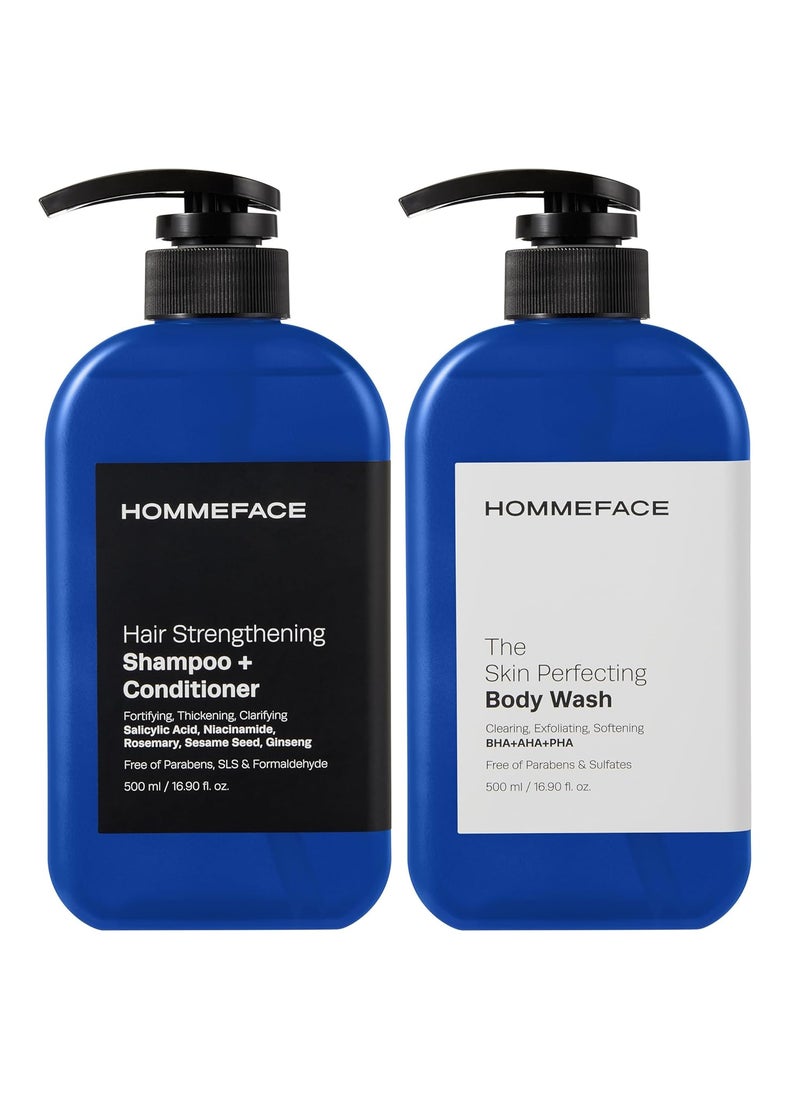 HOMMEFACE HommeFace Triple Action Shower Kit for Men  Hair  Body Wash Set Includes a 2in1 Hair Strengthening Shampoo  Conditioner  Body Wash with Pump for AcneProne Skin 