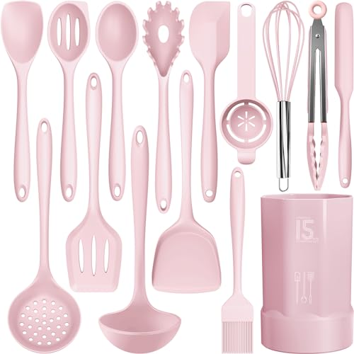 AOTHOD Silicone Cooking Utensils Set - 446°F Heat Resistant Kitchen Utensils,Turner Tongs,Spatula,Spoon,Brush,Whisk,Kitchen Utensil Gadgets Tools Set for Nonstick Cookware,Dishwasher Safe BPA Free(Pink) - Image 1