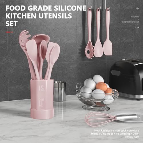 AOTHOD Silicone Cooking Utensils Set - 446°F Heat Resistant Kitchen Utensils,Turner Tongs,Spatula,Spoon,Brush,Whisk,Kitchen Utensil Gadgets Tools Set for Nonstick Cookware,Dishwasher Safe BPA Free(Pink) - Image 2