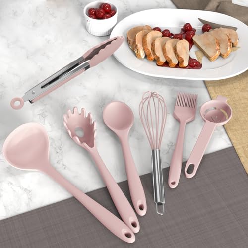 AOTHOD Silicone Cooking Utensils Set - 446°F Heat Resistant Kitchen Utensils,Turner Tongs,Spatula,Spoon,Brush,Whisk,Kitchen Utensil Gadgets Tools Set for Nonstick Cookware,Dishwasher Safe BPA Free(Pink) - Image 3
